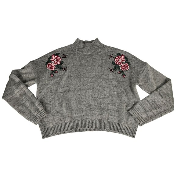 Cloud Chaser Floral Embroidered Sweater Women's XL Gray Pink Mock Neck Pullover - Picture 1 of 5